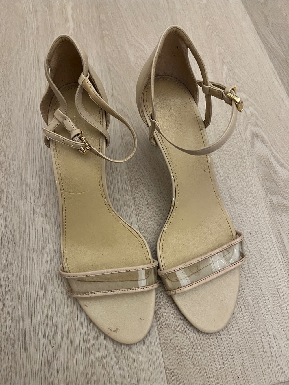 Michael Kors Nude Beige Ankle-Strap Heels with Clear Toe Strap